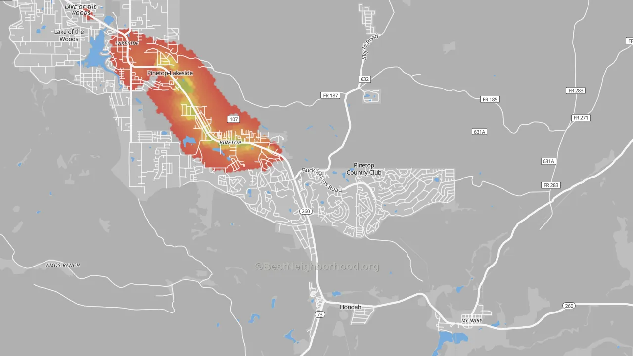 Walk Grade map of Pinetop, AZ, walkable areas in green and car-dependent areas in red