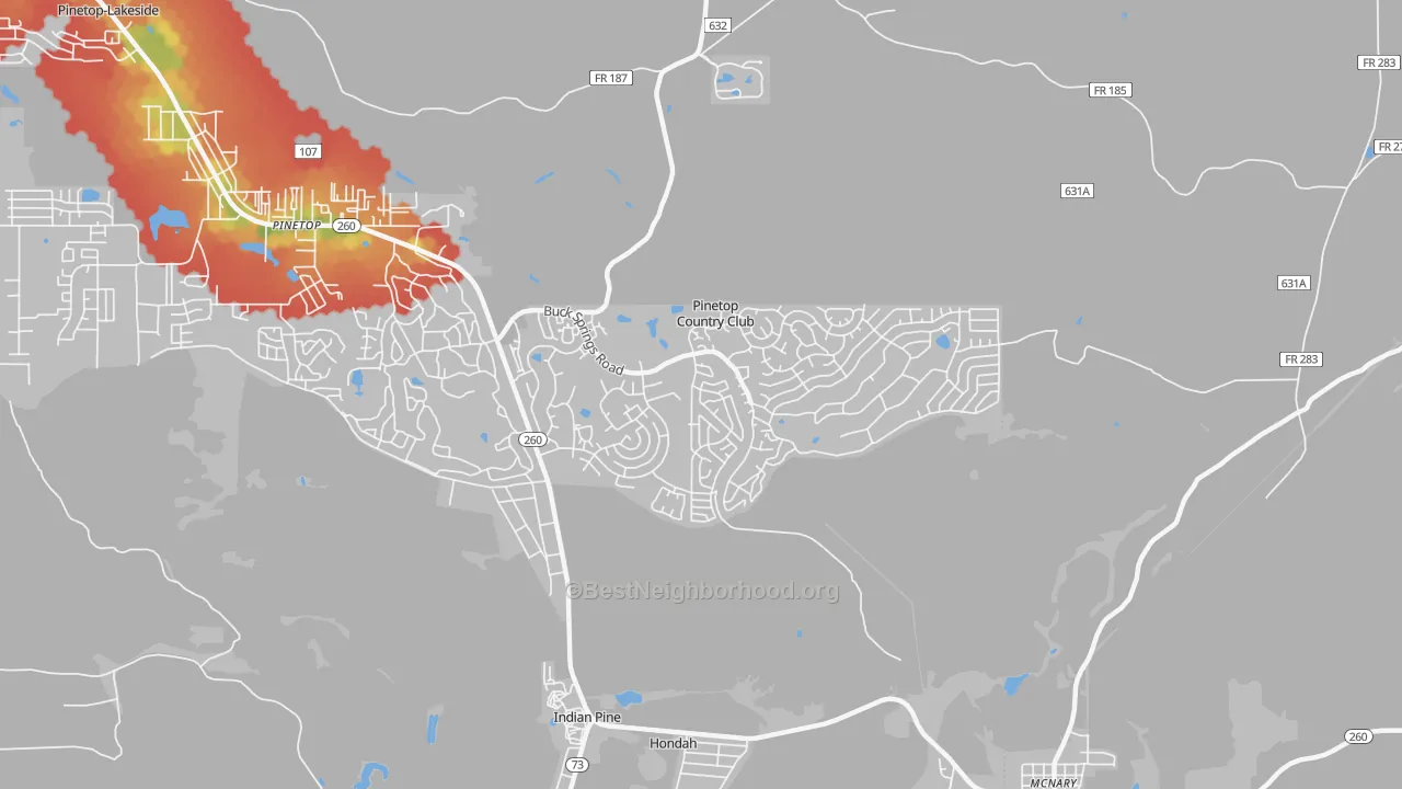 Walk Grade map of Pinetop Country Club, AZ, walkable areas in green and car-dependent areas in red