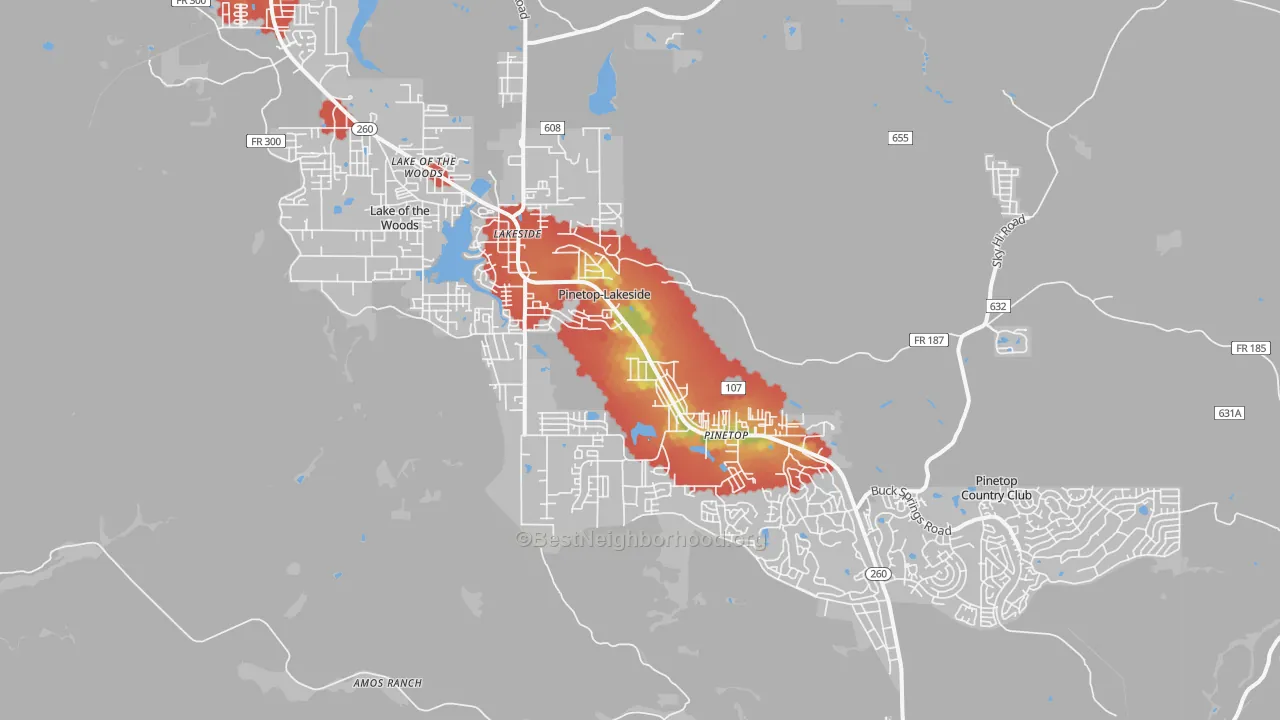 Walk Grade map of Pinetop-Lakeside, AZ, walkable areas in green and car-dependent areas in red