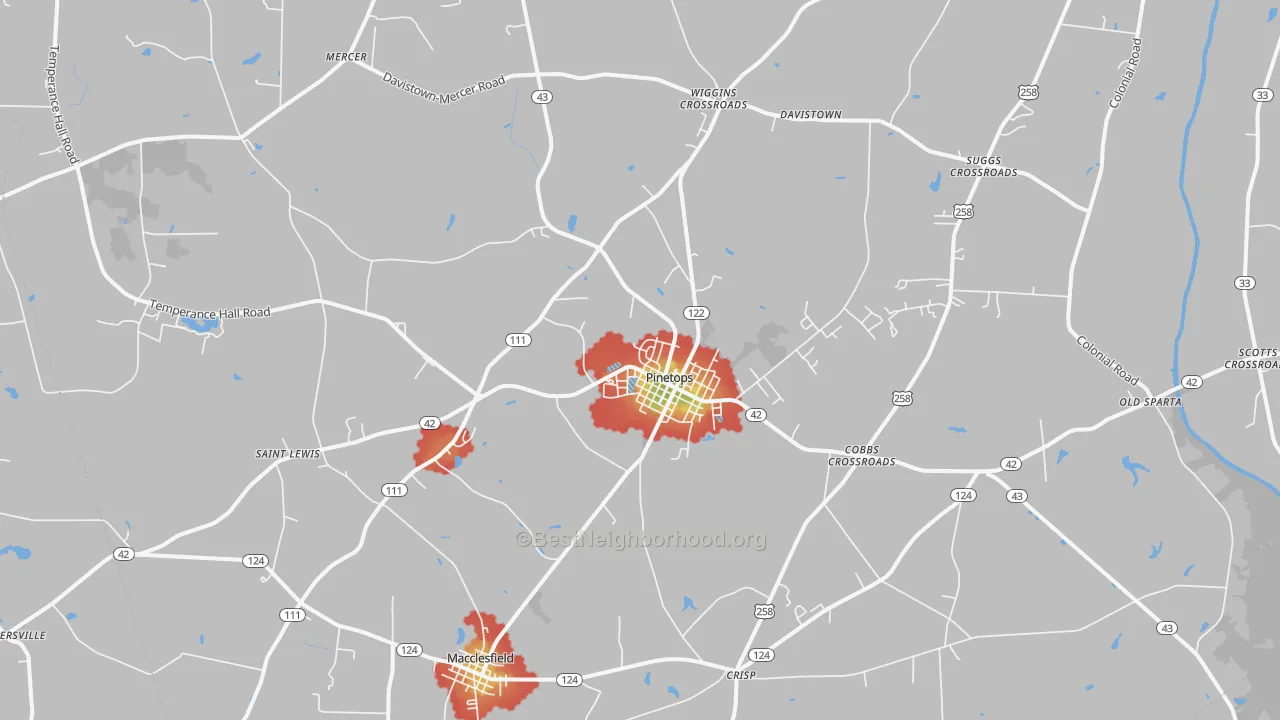 Walk Grade map of Pinetops, NC, walkable areas in green and car-dependent areas in red