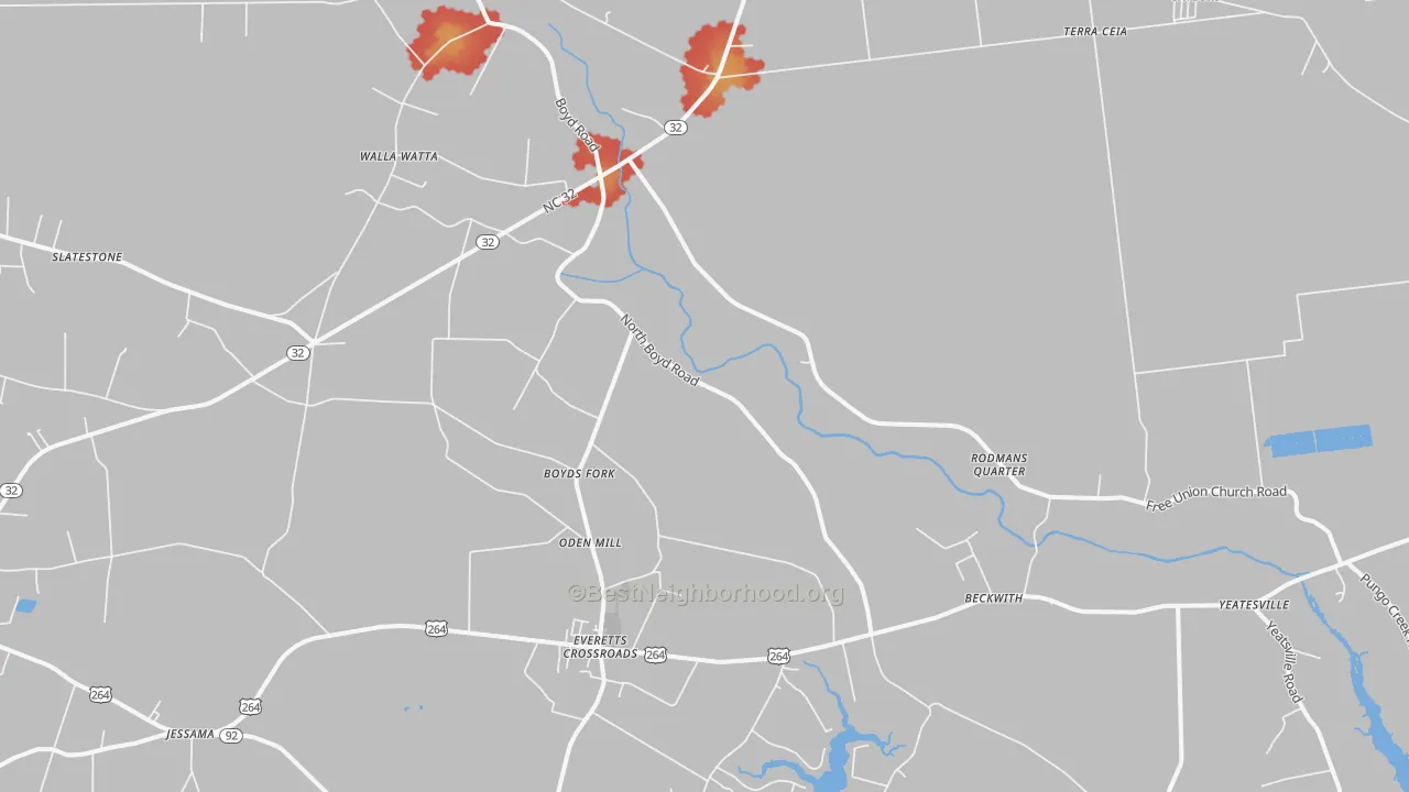 Walk Grade map of Pinetown, NC, walkable areas in green and car-dependent areas in red