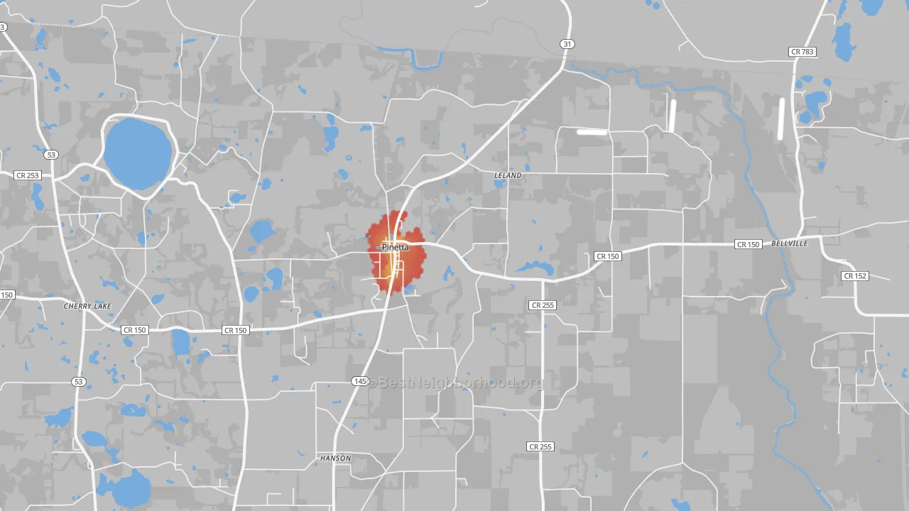 Walk Grade map of Pinetta, FL, walkable areas in green and car-dependent areas in red