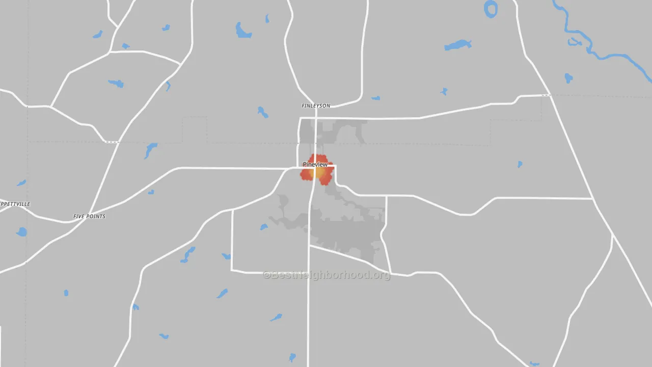 Walk Grade map of Pineview, GA, walkable areas in green and car-dependent areas in red