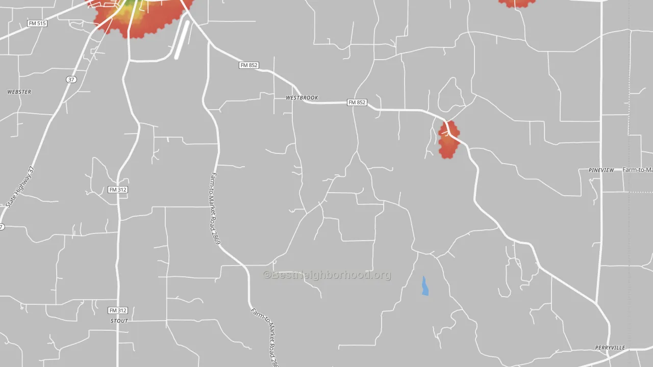 Walk Grade map of Pineview, TX, walkable areas in green and car-dependent areas in red