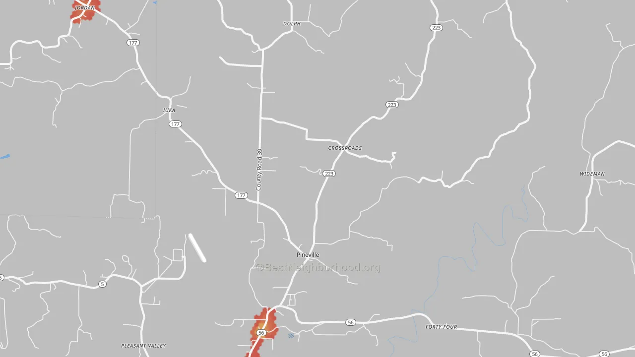 Walk Grade map of Pineville, AR, walkable areas in green and car-dependent areas in red
