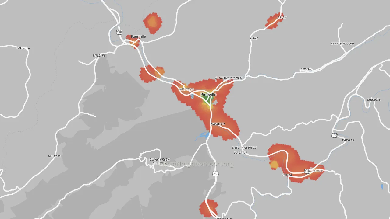 Walk Grade map of Pineville, KY, walkable areas in green and car-dependent areas in red