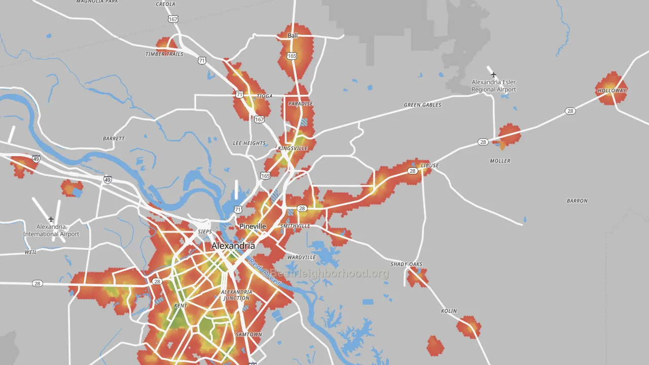Walk Grade map of Pineville, LA, walkable areas in green and car-dependent areas in red