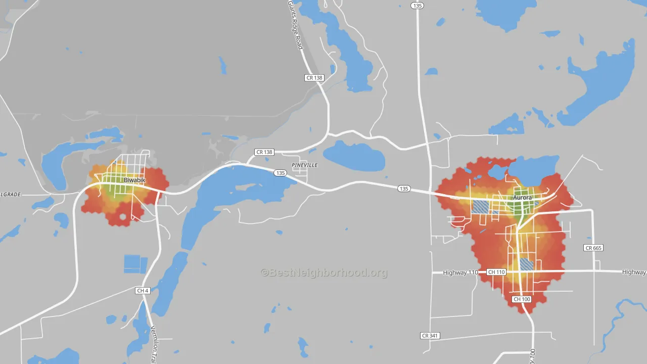 Walk Grade map of Pineville, MN, walkable areas in green and car-dependent areas in red