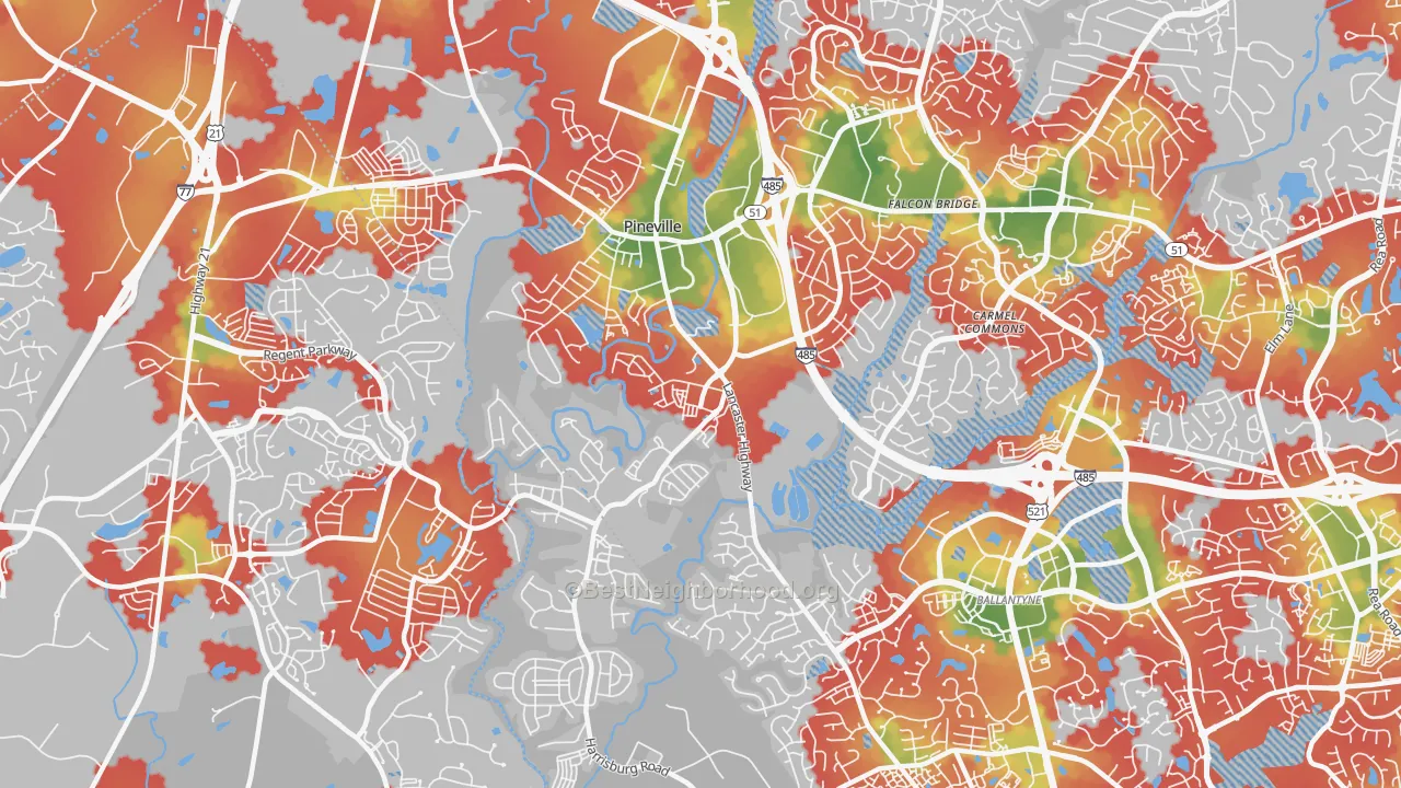 Walk Grade map of Pineville, NC, walkable areas in green and car-dependent areas in red