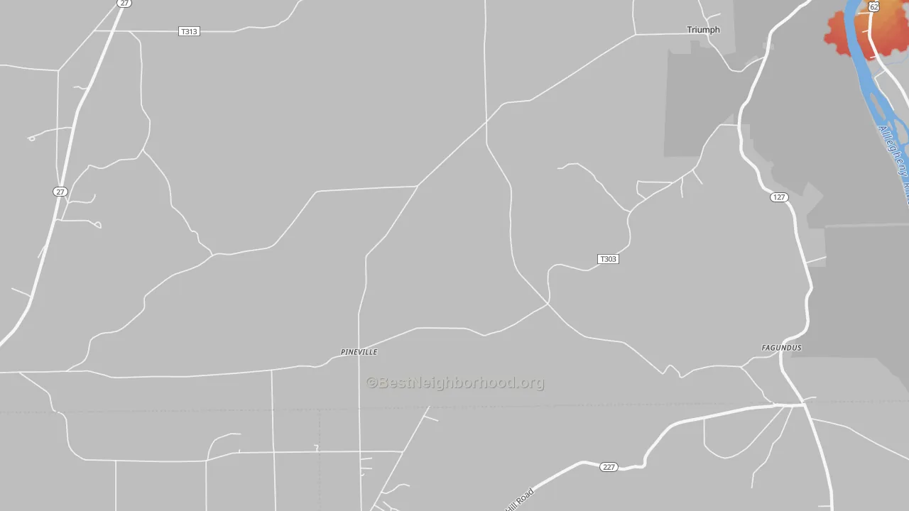 Walk Grade map of Pineville, PA, walkable areas in green and car-dependent areas in red