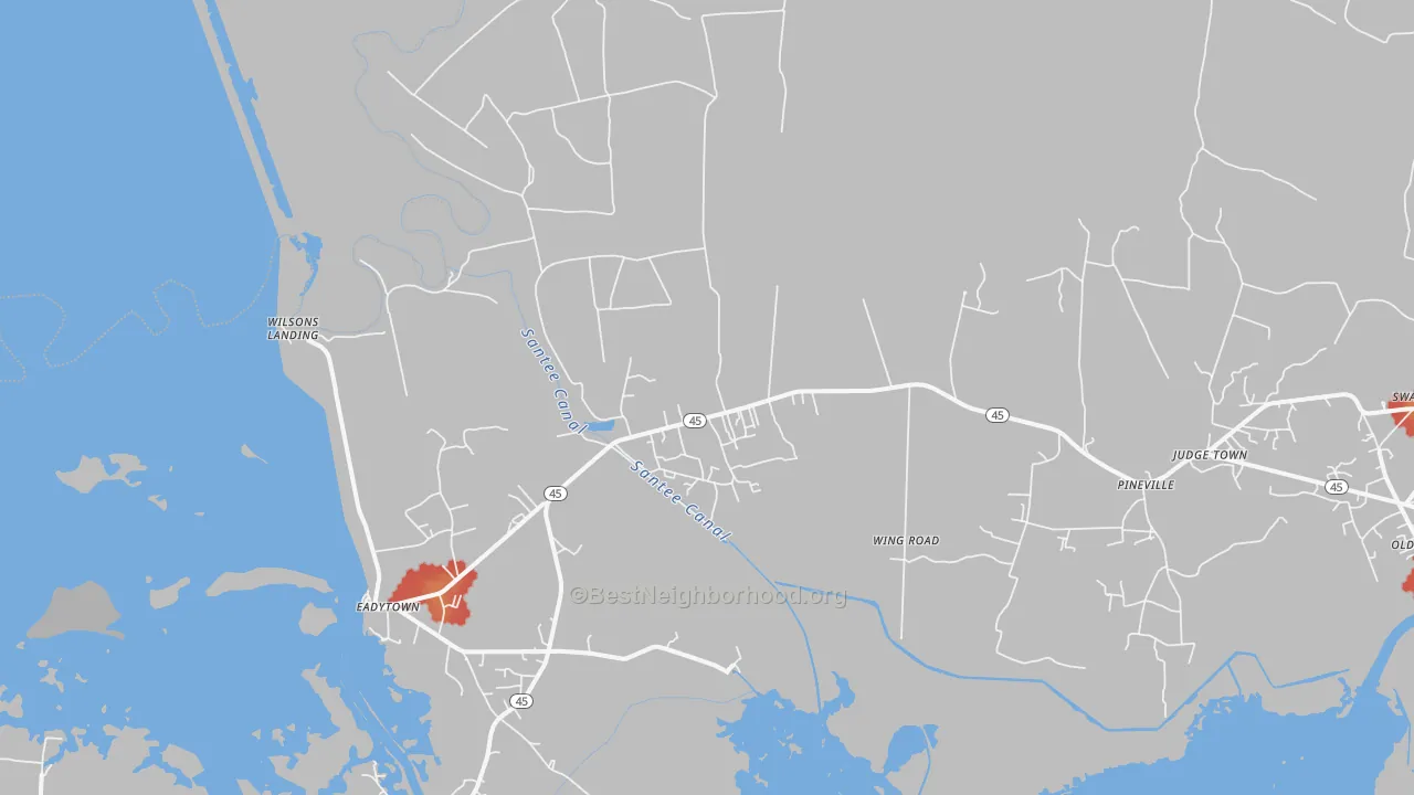 Walk Grade map of Pineville, SC, walkable areas in green and car-dependent areas in red
