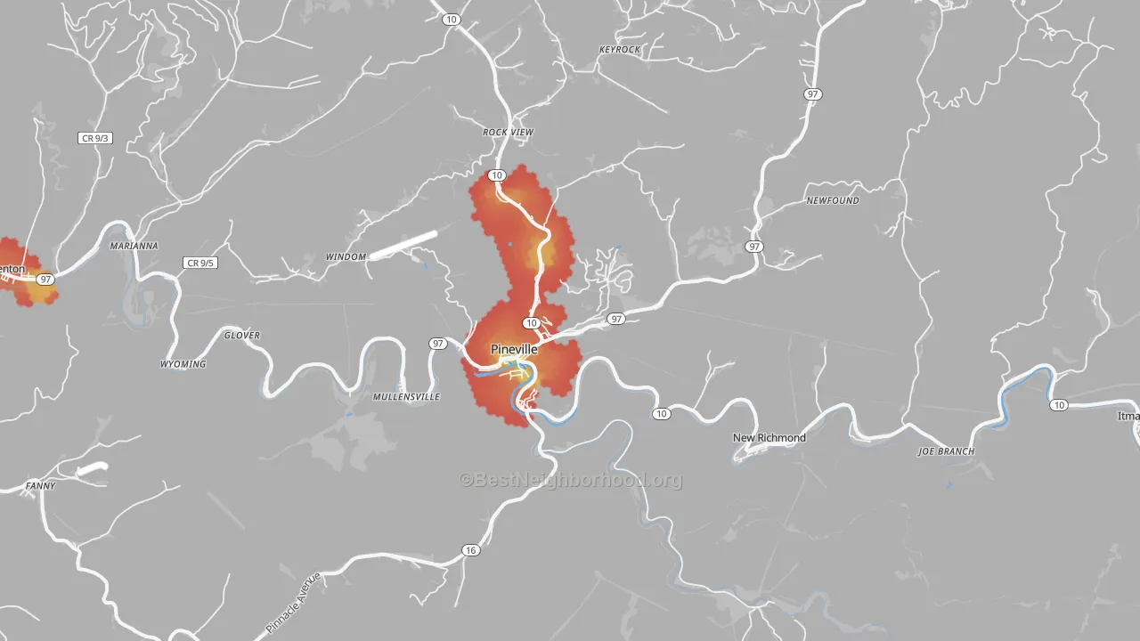Walk Grade map of Pineville, WV, walkable areas in green and car-dependent areas in red