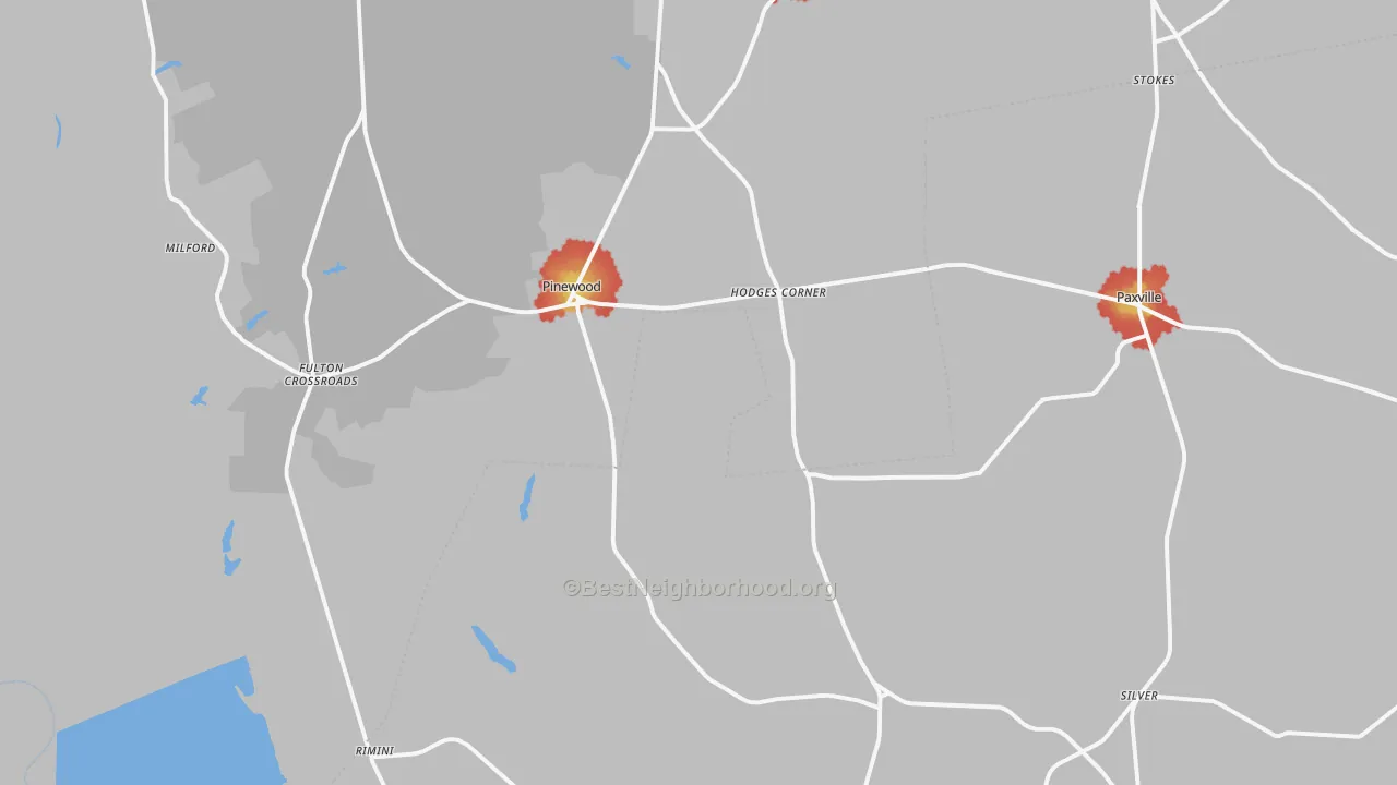 Walk Grade map of Pinewood, SC, walkable areas in green and car-dependent areas in red