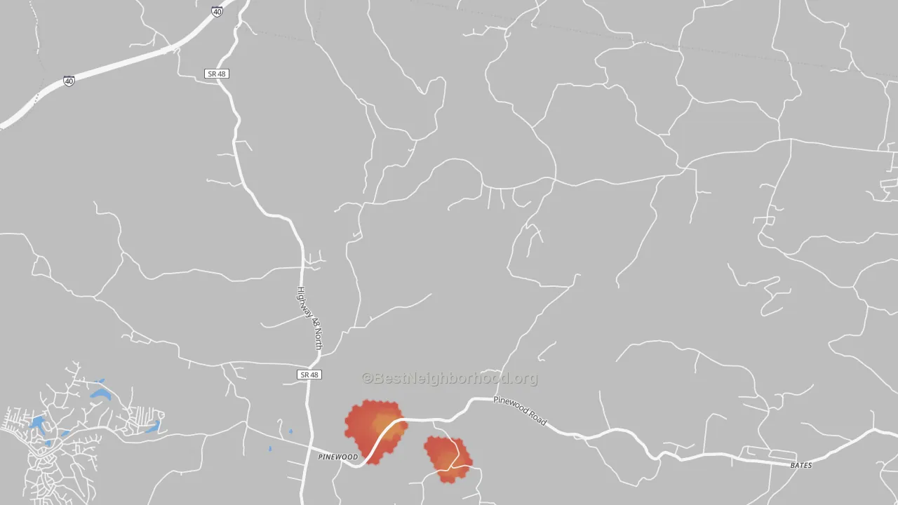 Walk Grade map of Pinewood, TN, walkable areas in green and car-dependent areas in red