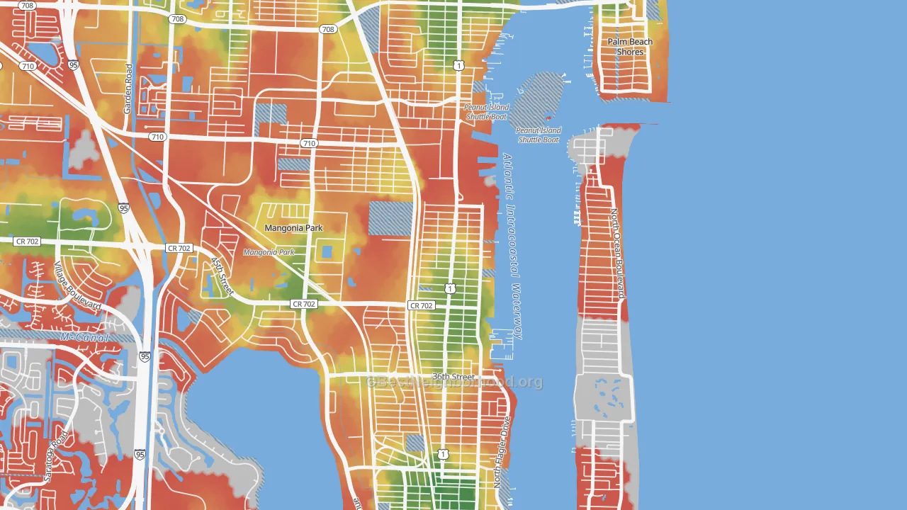 Walk Grade map of Pinewood-West Palm Beach, West Palm Beach, FL, walkable areas in green and car-dependent areas in red