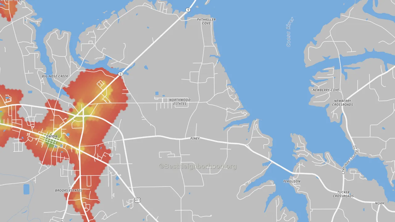 Walk Grade map of Piney, AL, walkable areas in green and car-dependent areas in red