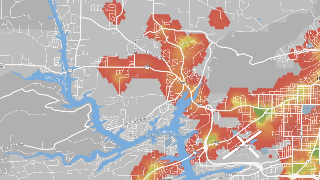 Walk Grade map of Piney, AR, walkable areas in green and car-dependent areas in red
