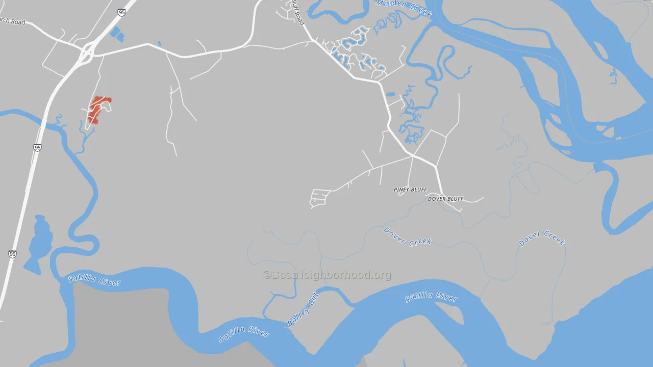 Walk Grade map of Piney Bluff, GA, walkable areas in green and car-dependent areas in red