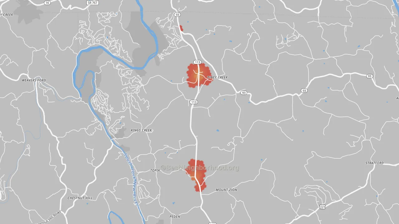 Walk Grade map of Piney Creek, NC, walkable areas in green and car-dependent areas in red