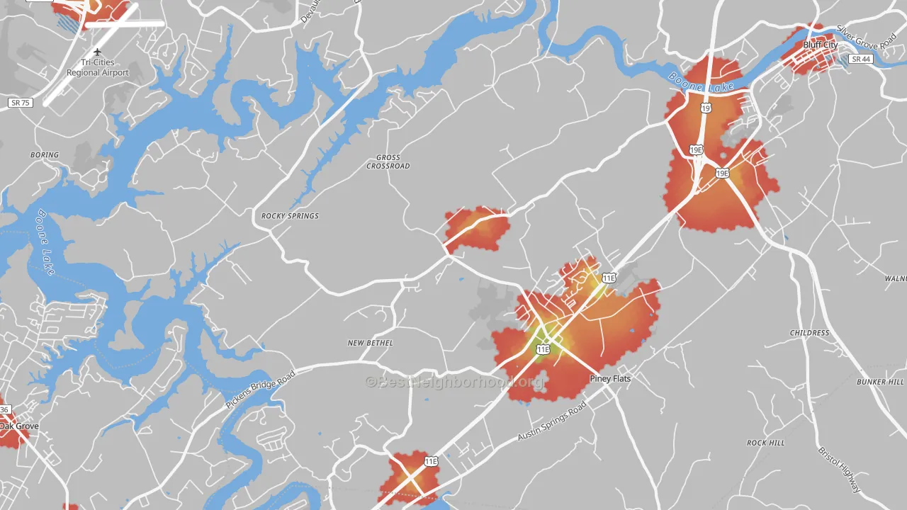 Walk Grade map of Piney Flats, TN, walkable areas in green and car-dependent areas in red