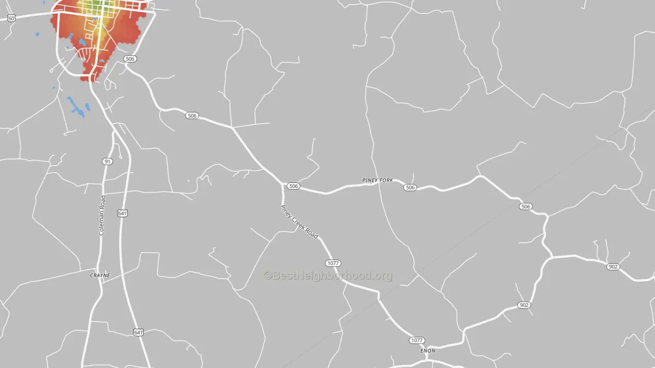 Walk Grade map of Piney Fork, KY, walkable areas in green and car-dependent areas in red