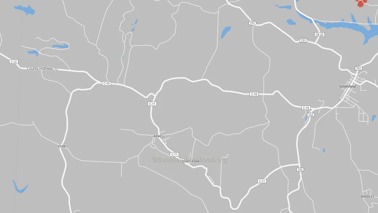 Walk Grade map of Piney Fork, OH, walkable areas in green and car-dependent areas in red