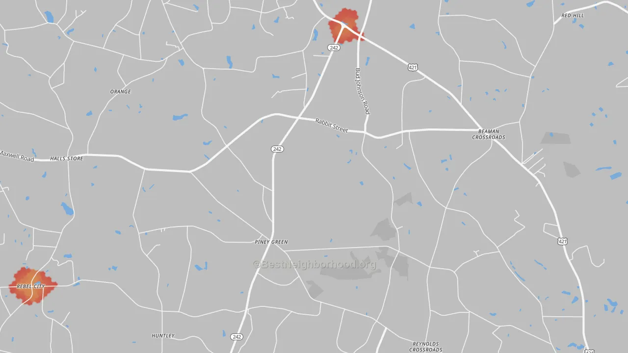 Walk Grade map of Piney Green, NC, walkable areas in green and car-dependent areas in red