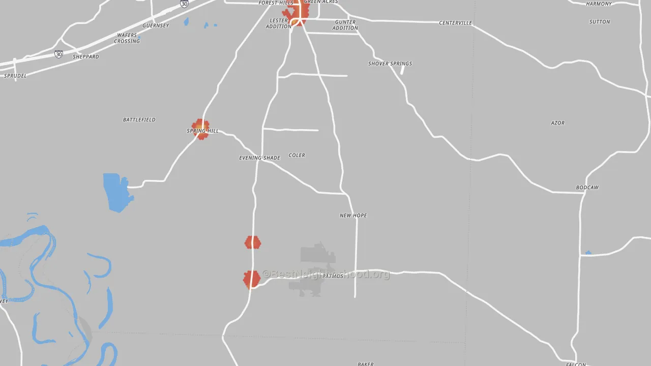 Walk Grade map of Piney Grove, AR, walkable areas in green and car-dependent areas in red
