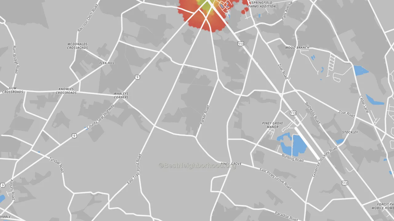Walk Grade map of Piney Grove, DE, walkable areas in green and car-dependent areas in red