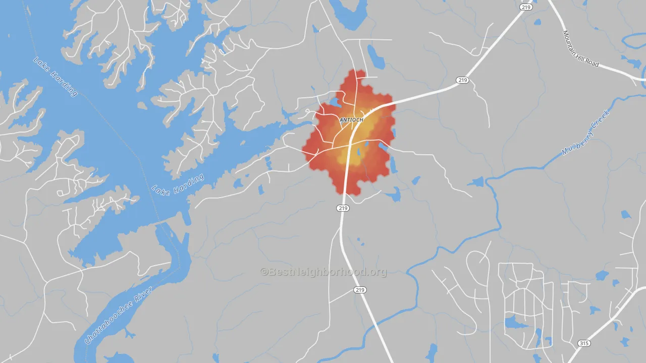 Walk Grade map of Piney Grove, GA, walkable areas in green and car-dependent areas in red