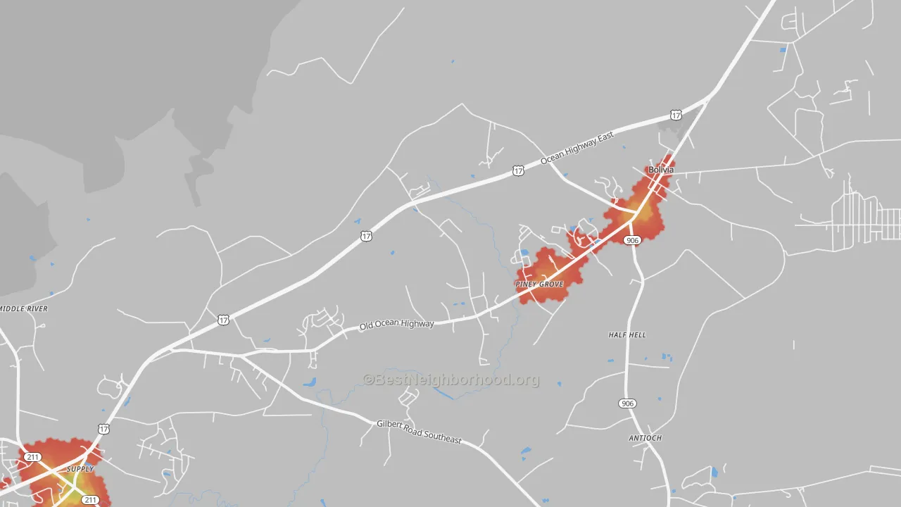 Walk Grade map of Piney Grove, NC, walkable areas in green and car-dependent areas in red