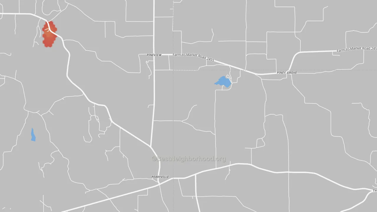 Walk Grade map of Piney Grove, TX, walkable areas in green and car-dependent areas in red