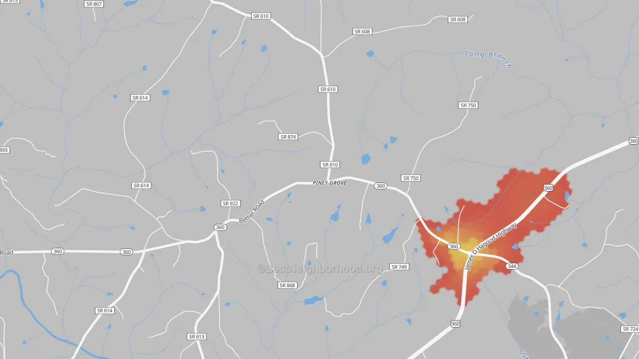 Walk Grade map of Piney Grove, VA, walkable areas in green and car-dependent areas in red