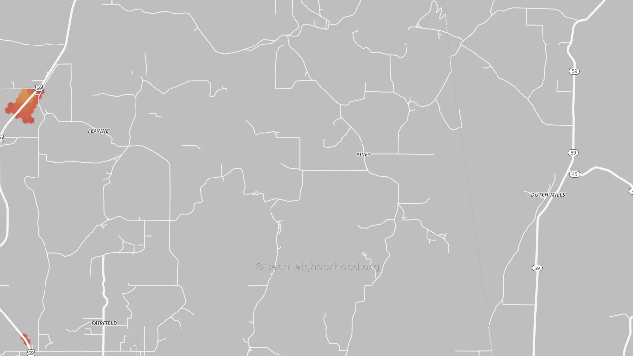 Walk Grade map of Piney, OK, walkable areas in green and car-dependent areas in red