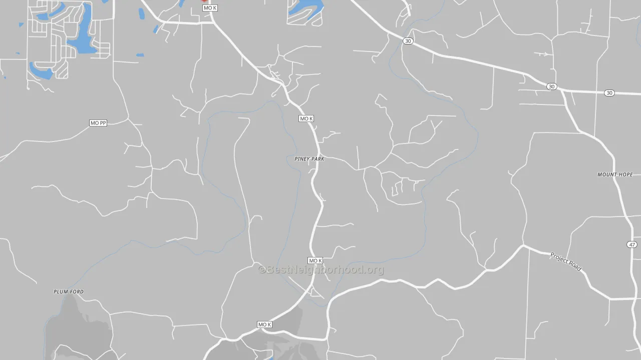 Walk Grade map of Piney Park, MO, walkable areas in green and car-dependent areas in red