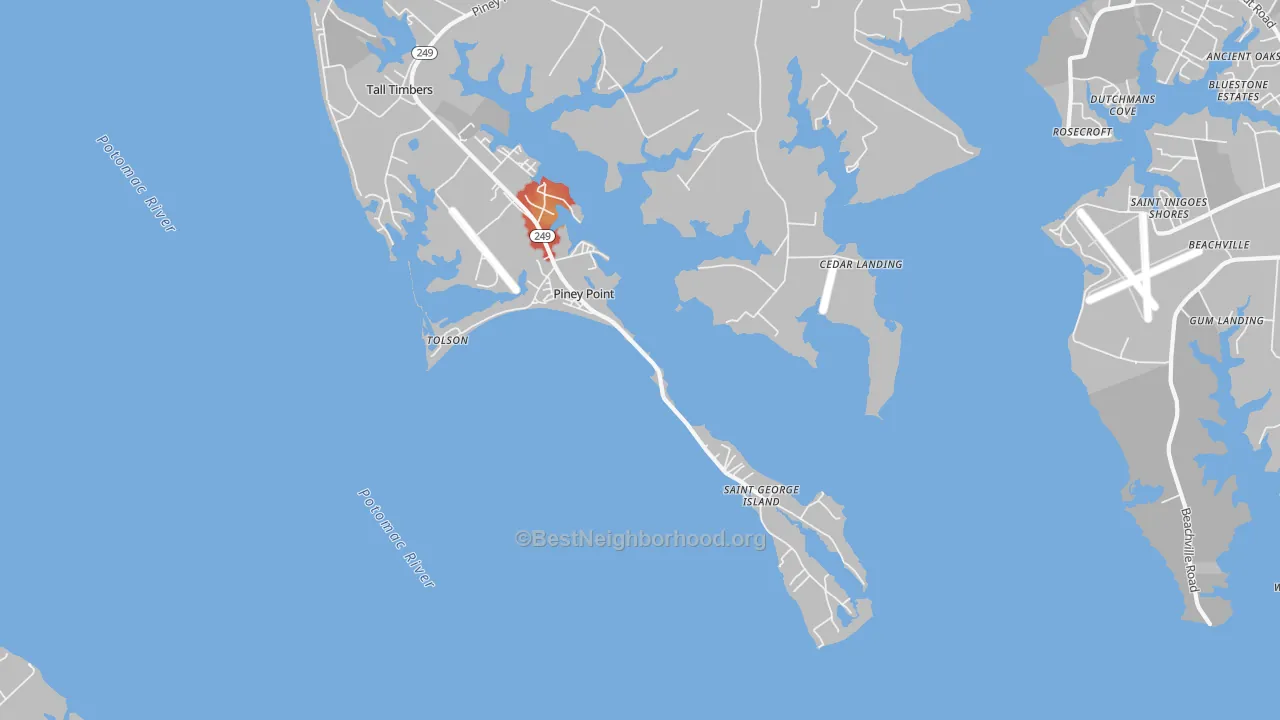 Walk Grade map of Piney Point, MD, walkable areas in green and car-dependent areas in red