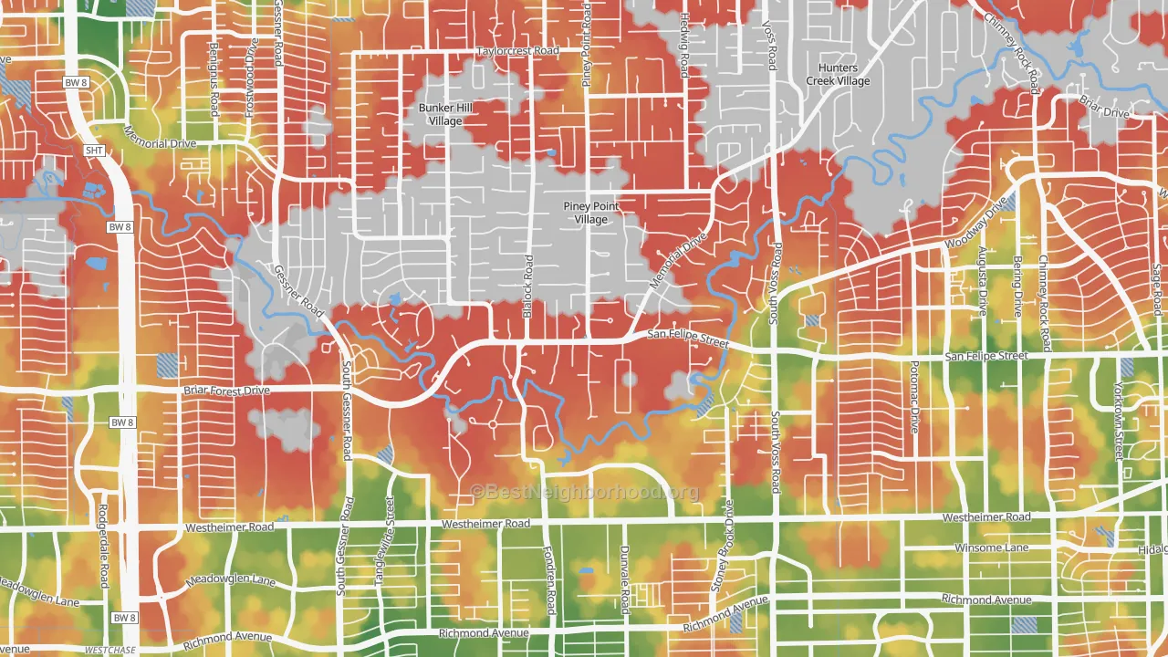 Walk Grade map of Piney Point Village, TX, walkable areas in green and car-dependent areas in red