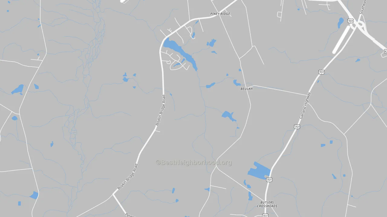 Walk Grade map of Piney Ridge, NC, walkable areas in green and car-dependent areas in red
