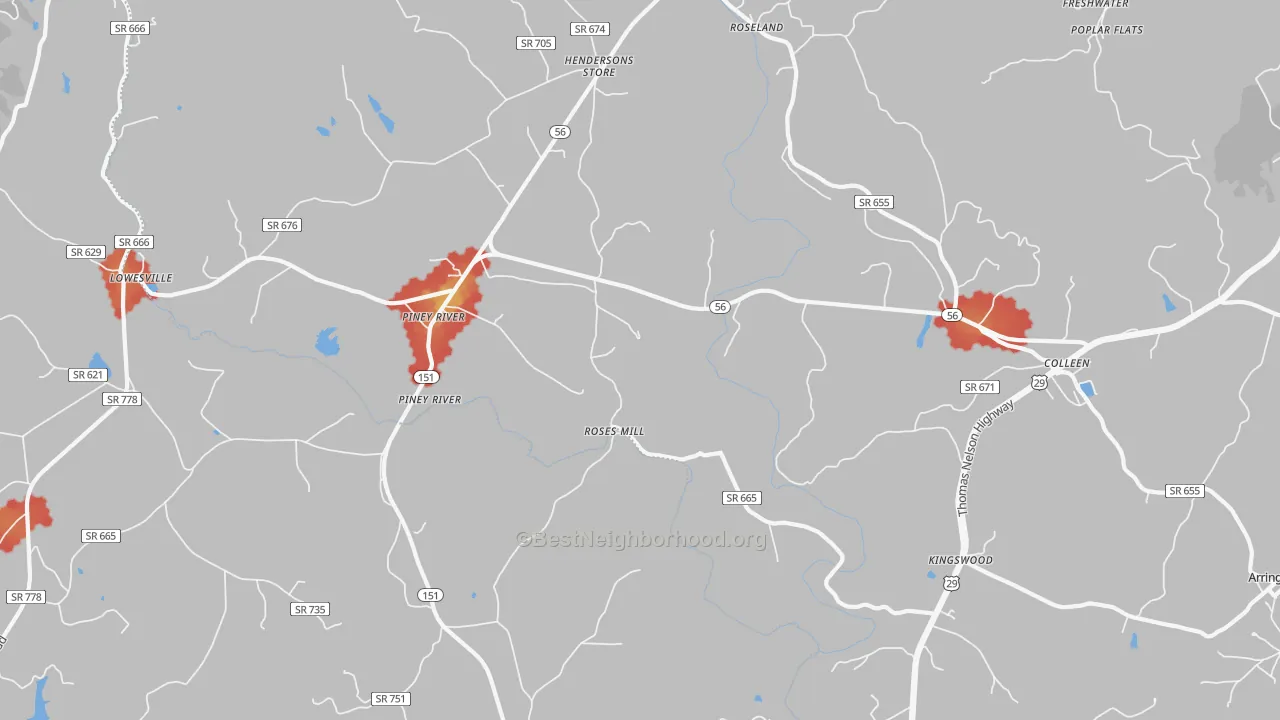 Walk Grade map of Piney River, VA, walkable areas in green and car-dependent areas in red