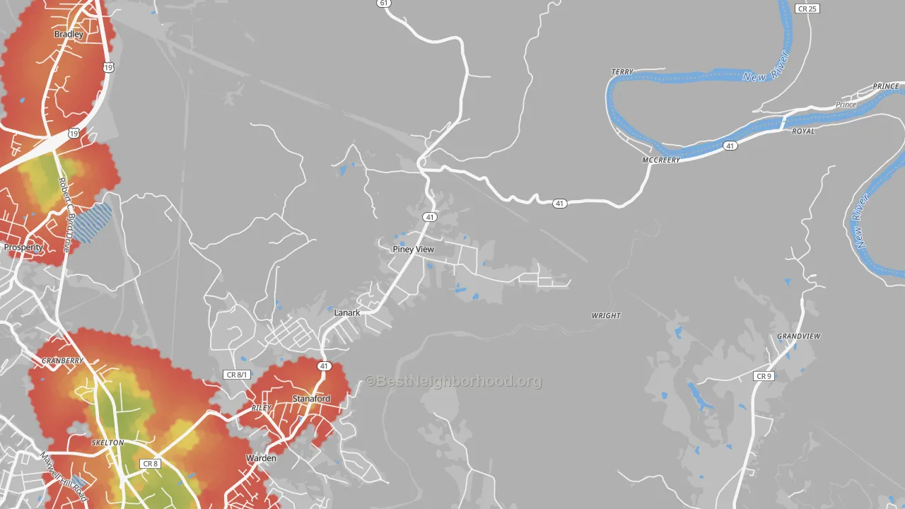 Walk Grade map of Piney View, WV, walkable areas in green and car-dependent areas in red