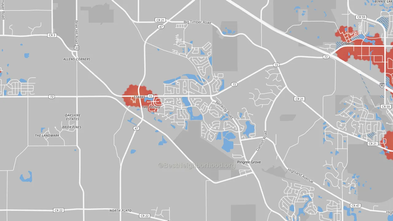 Walk Grade map of Pingree Grove, IL, walkable areas in green and car-dependent areas in red