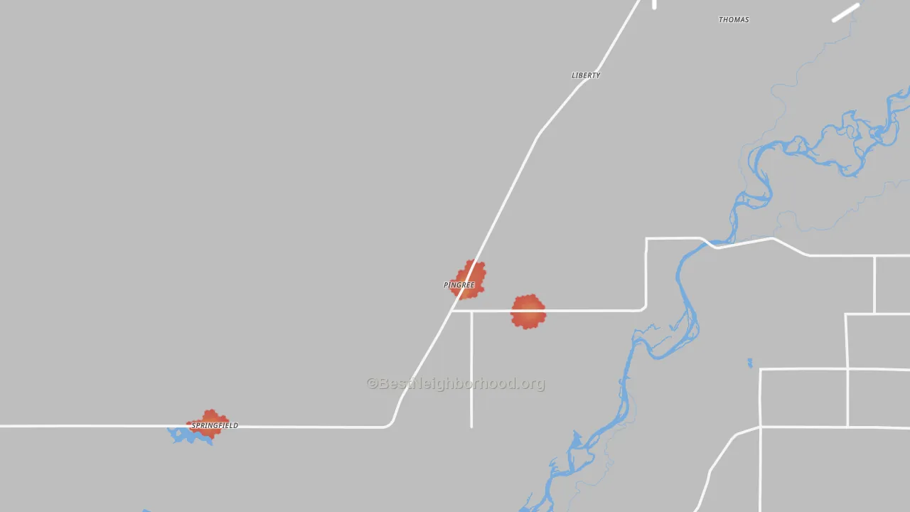 Walk Grade map of Pingree, ID, walkable areas in green and car-dependent areas in red