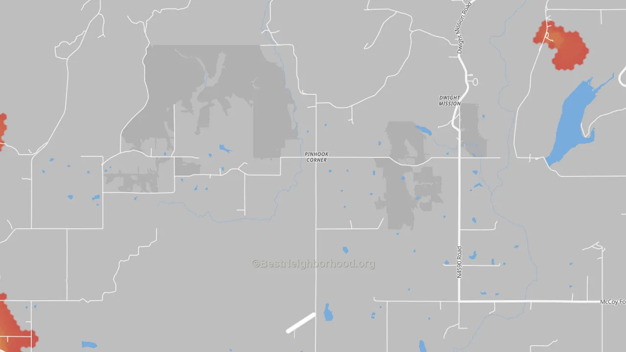 Walk Grade map of Pinhook Corner, OK, walkable areas in green and car-dependent areas in red