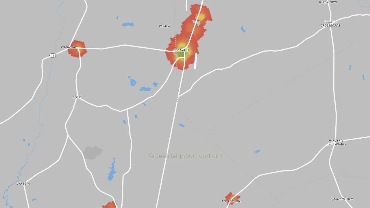 Walk Grade map of Pink Hill, NC, walkable areas in green and car-dependent areas in red