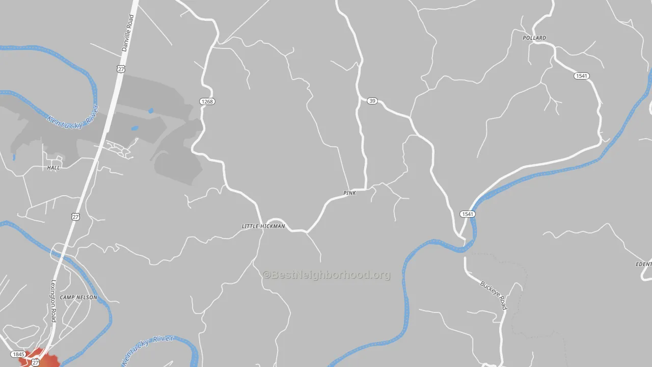 Walk Grade map of Pink, KY, walkable areas in green and car-dependent areas in red