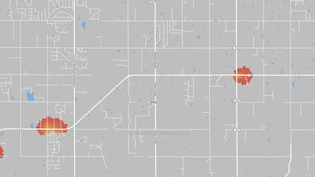 Walk Grade map of Pink, OK, walkable areas in green and car-dependent areas in red
