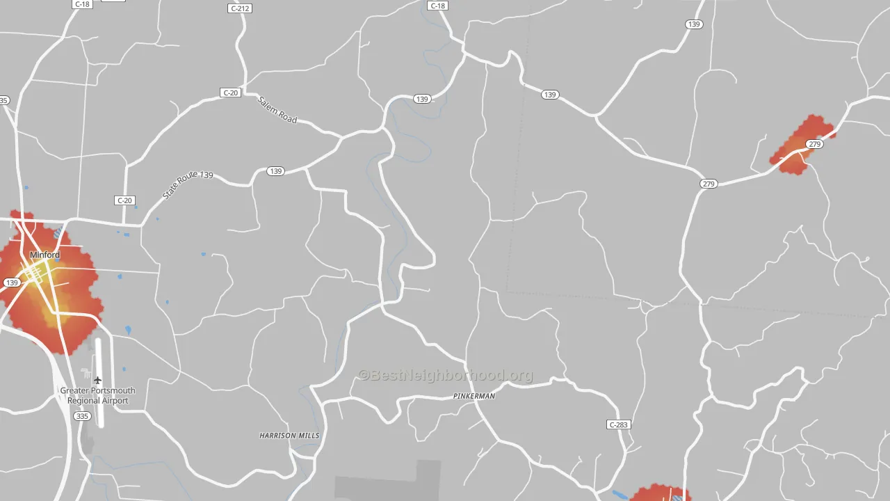 Walk Grade map of Pinkerman, OH, walkable areas in green and car-dependent areas in red