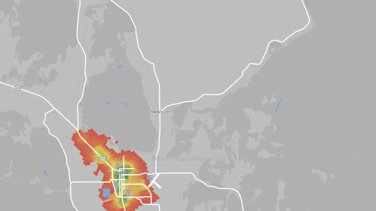 Walk Grade map of Pinkney City, WA, walkable areas in green and car-dependent areas in red
