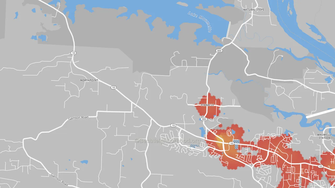 Walk Grade map of Pinnacle, AR, walkable areas in green and car-dependent areas in red
