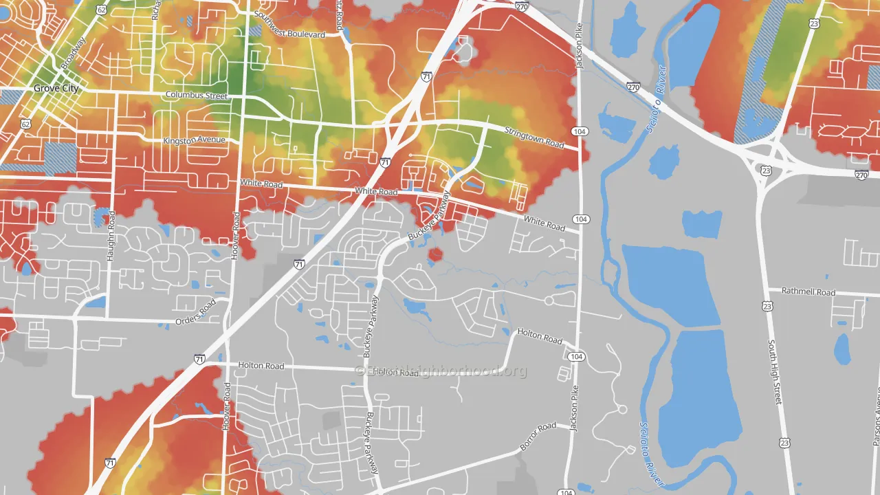 Walk Grade map of Pinnacle Club, Grove City, OH, walkable areas in green and car-dependent areas in red